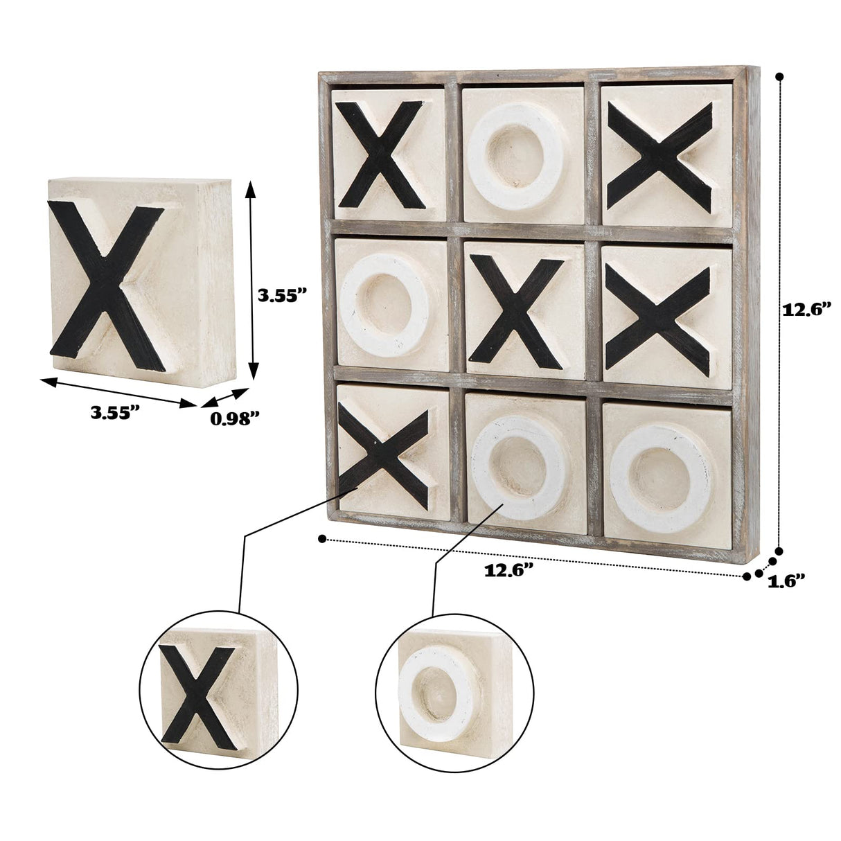 JEVERGN 12.6" Large Tic Tac Toe Game, Rustic Wooden Coffee Table Game, Wood Tic-tac-Toe Board Game with Decor, Family Games for Adult & Kids, Washed JEVERGN