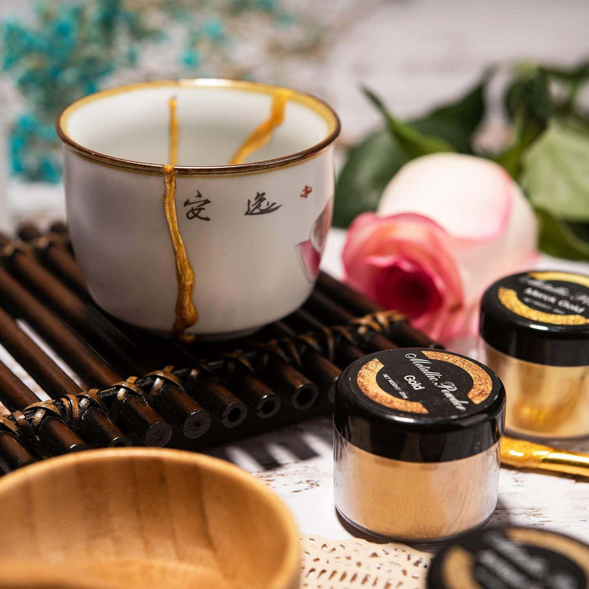 Bio Kintsugi Repair Kit Gold with Complet 15 Pages Booklet Manual 60g Gold Mica Powder for Japanese Gold Repair Kit DIY Craft Kits for Adults Pottery Plearty