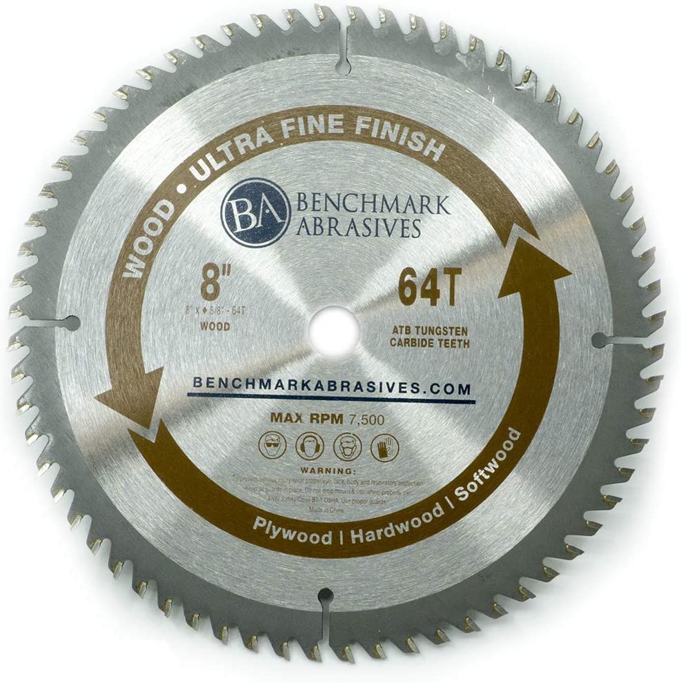 Benchmark Abrasives 8" 64 Tooth, TCT Wood Cutting Saw Blade for General Purpose Cutting & Trimming of Softwoods, Hardwoods, Long Lasting Blades, Use Benchmark Abrasives