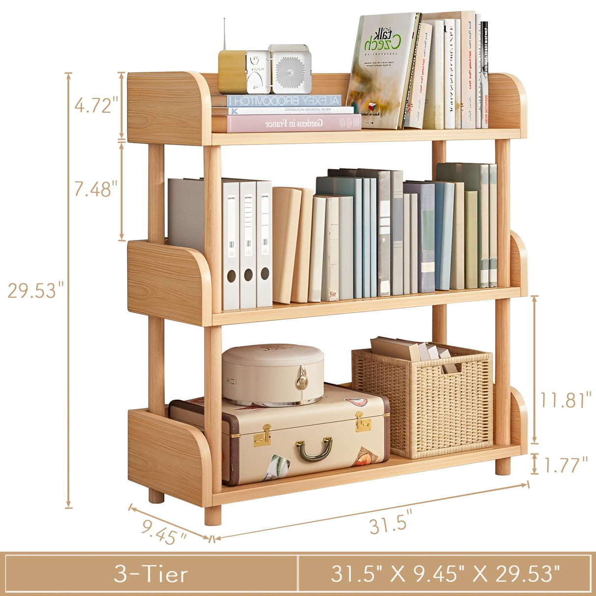 OSCHF Modern Oak 3-Tier Wooden Open Bookcase with Sturdy Solid Wood Frame OSCHF