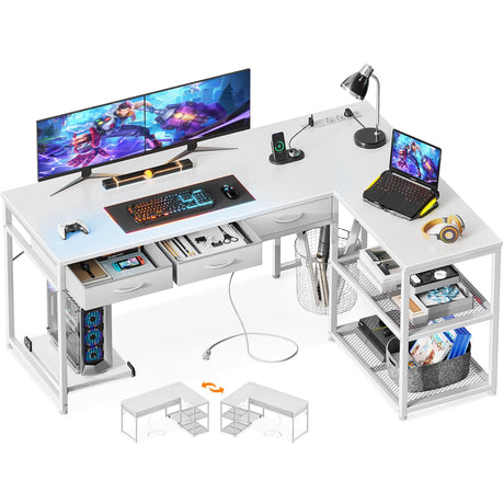 AODK 53 Inch Reversible L Shaped Desk with USB Ports & Fabric Drawers for Home Office & Gaming AODK