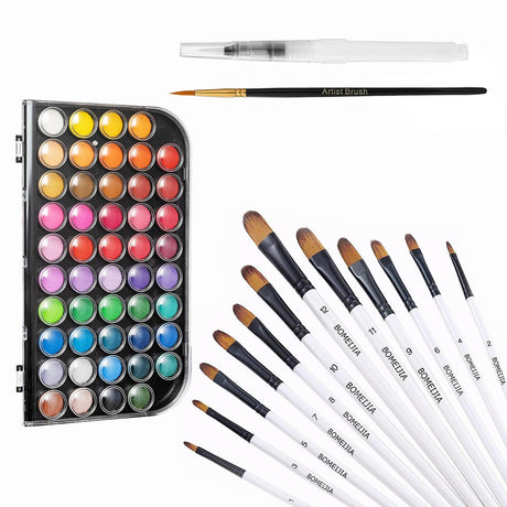 GETHPEN Filbert Paint Brushes Set of 12, Watercolor Paint 48 Colors Washable Watercolor Paint Set with a Brush a Refillable Water Brush Pen and GETHPEN