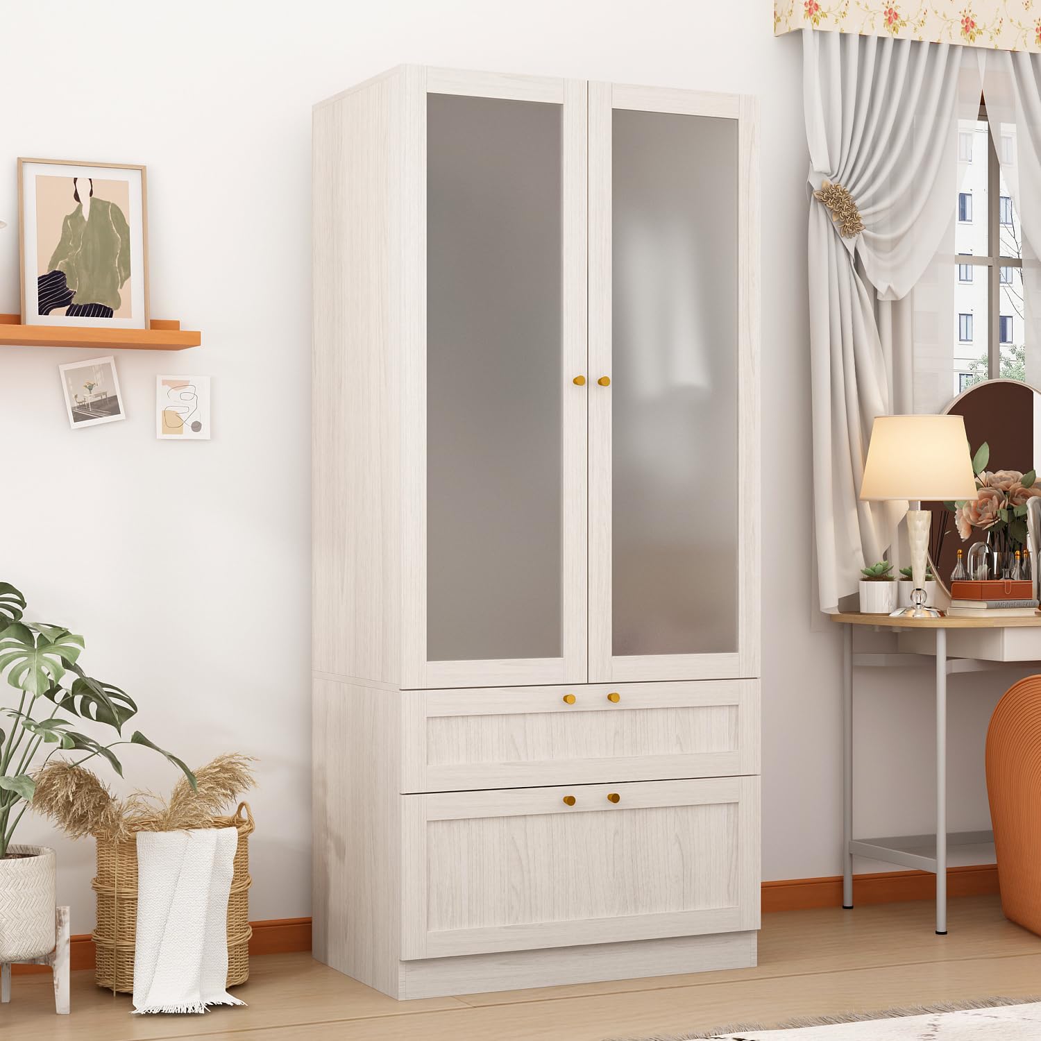 Homsee 31.5”L Armoire Wardrobe Closet with Frosted Glass Doors, Hanging Bar & 2 Drawers, Warm Grey Wooden Closet Storage Cabinet for Bedroom - WoodArtSupply