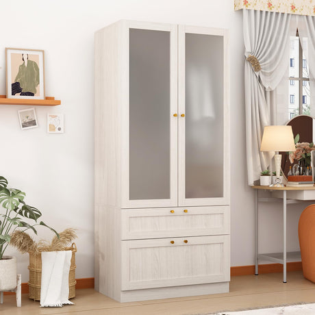 Homsee 31.5”L Armoire Wardrobe Closet with Frosted Glass Doors, Hanging Bar & 2 Drawers, Warm Grey Wooden Closet Storage Cabinet for Bedroom Homsee