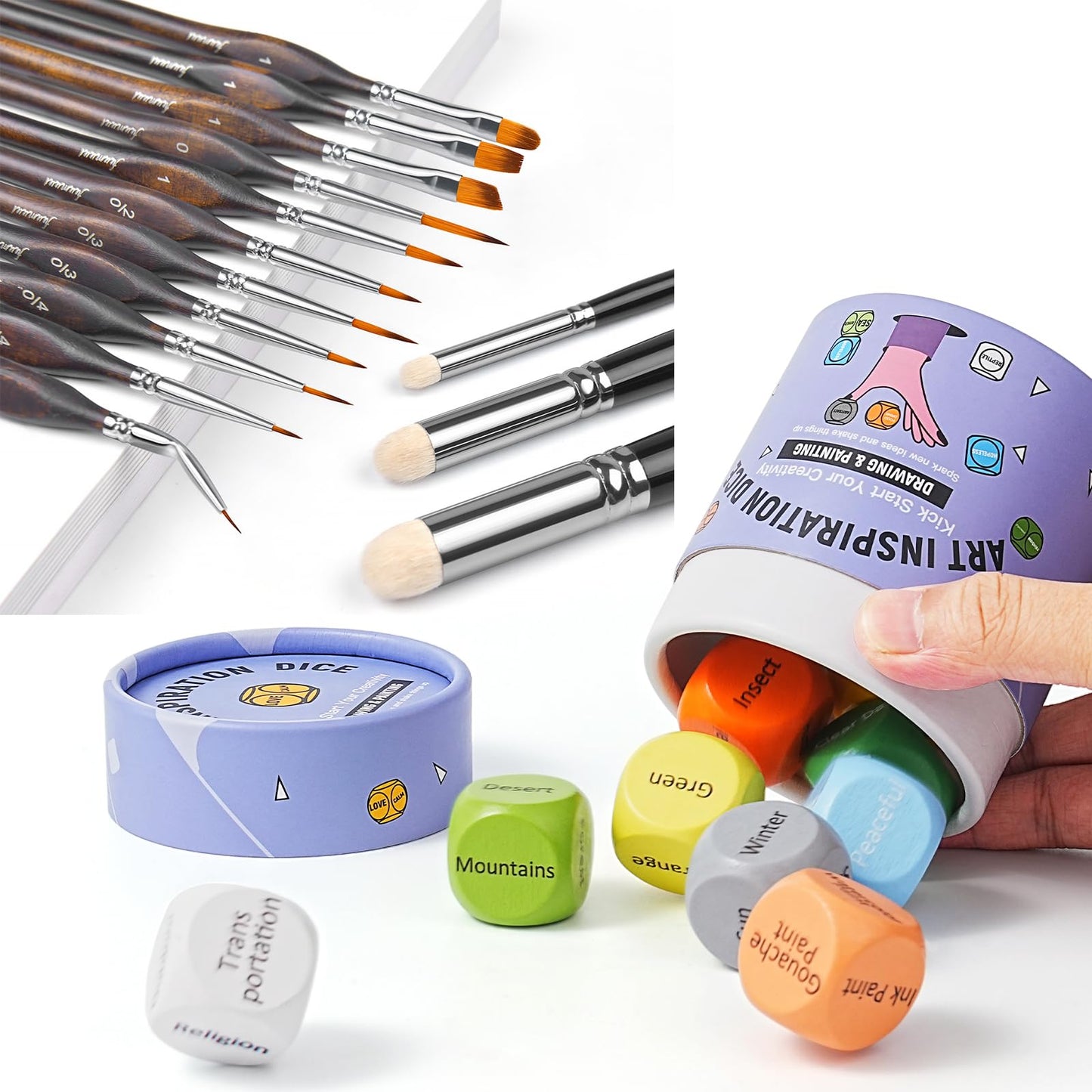 Miniature Paint Brushes with Domed Dry Brush & Inspiration Art Dice for Creative Block Kickstart Creative Inspiration - WoodArtSupply