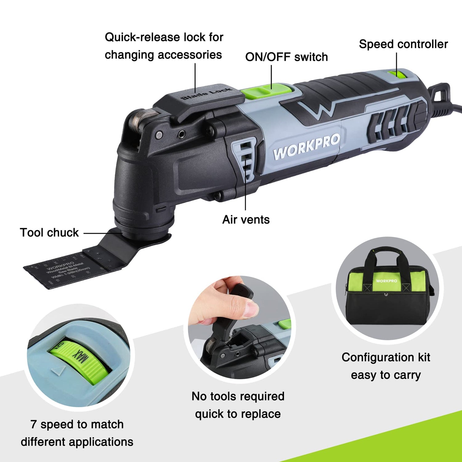 WORKPRO Oscillating Multi-Tool Kit, 3.0 Amp Corded Quick-Lock Replaceable Oscillating Saw with 7 Variable Speed, 3° Oscillation Angle, 17pcs Saw WORKPRO