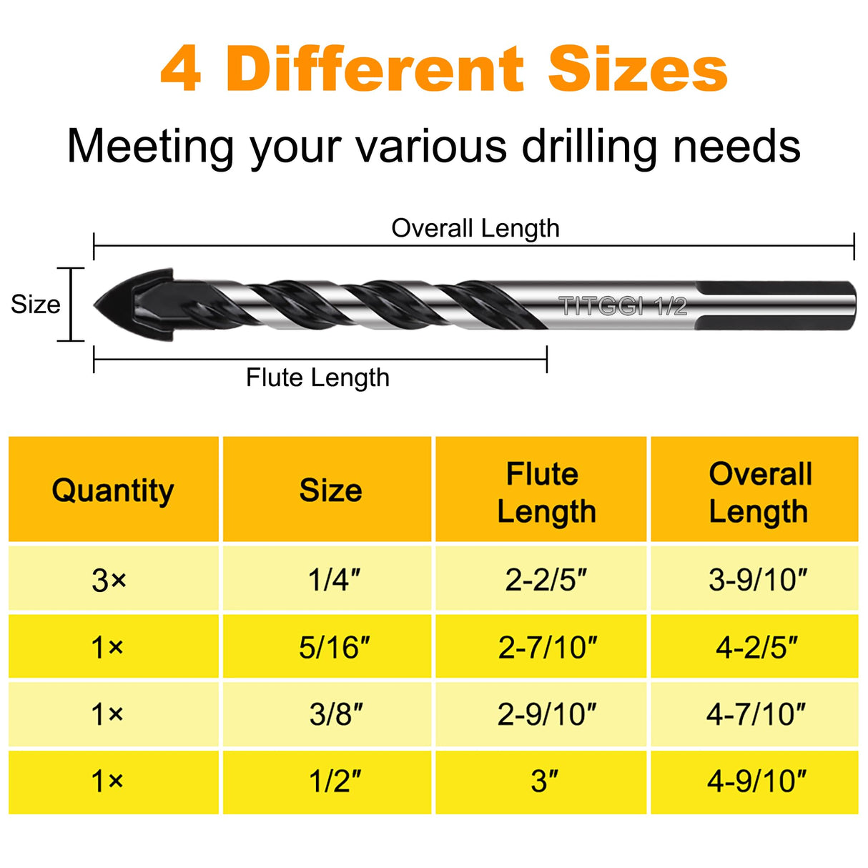 Concrete Drill Bit & Masonry Drill Bit Set, Professional Drill Bit Set (6PCS) for Glass/Brick/Plastic/Cement/Wood/Tile/Etc, Industrial Strength TITGGI