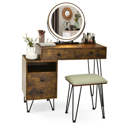 CHARMAID Vanity Set with 3 Colors Lighted Mirror, Left or Right Side Cabinet, 2 Large Drawers, Lipstick Storage Box, Bedroom Makeup Vanity Dressing