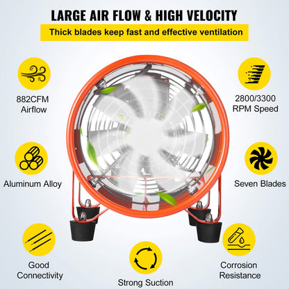 OrangeA Utility Blower Fan, 8 Inches, 230W 882 CFM High Velocity Ventilator w/ 32.8 ft/10 m Duct Hose, Portable Ventilation Fan, Fume Extractor for - WoodArtSupply