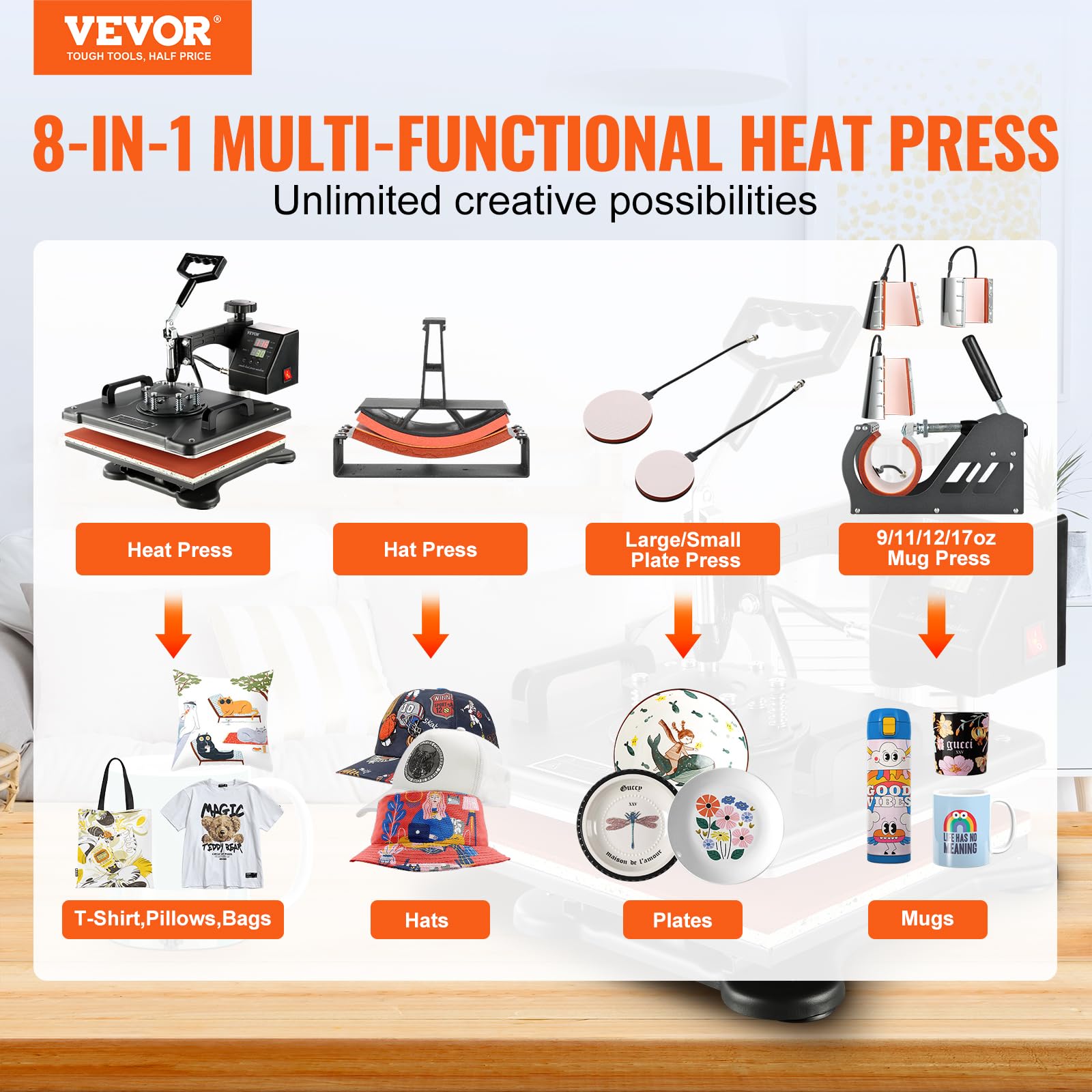 VEVOR 8 in 1 Heat Press with Tumbler Press Hat Press, Heat Press Machine 15x12 Inch, Swing Away Tshirt Pressing Machine, Digital Heat Press Transfer - WoodArtSupply