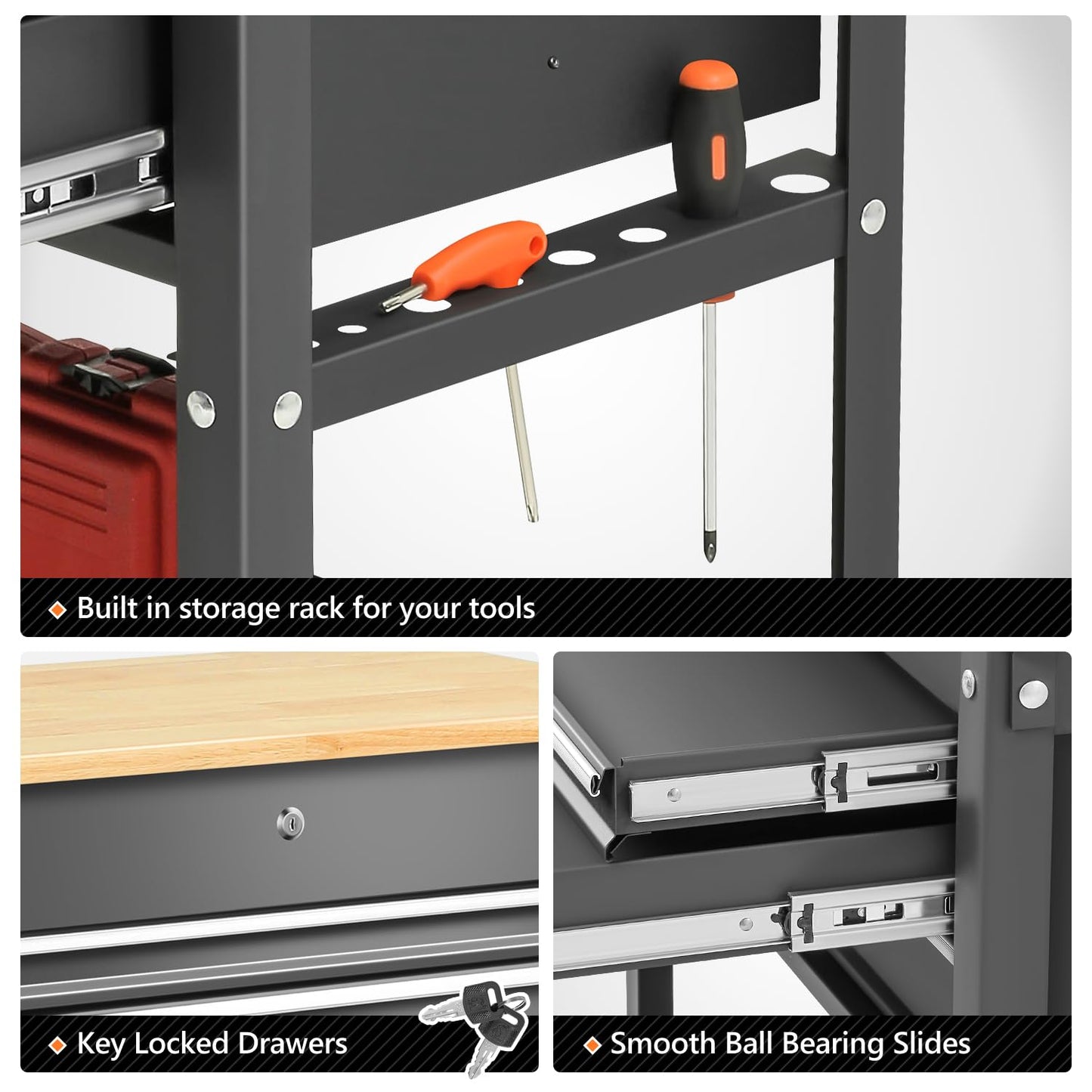 DNA MOTORING 3-Drawers Wood Top Utility Rolling Tool Chest Cabinet with Wheels, Heavy Duty Industrial Service Cart Keyed Locking System, for Garage - WoodArtSupply