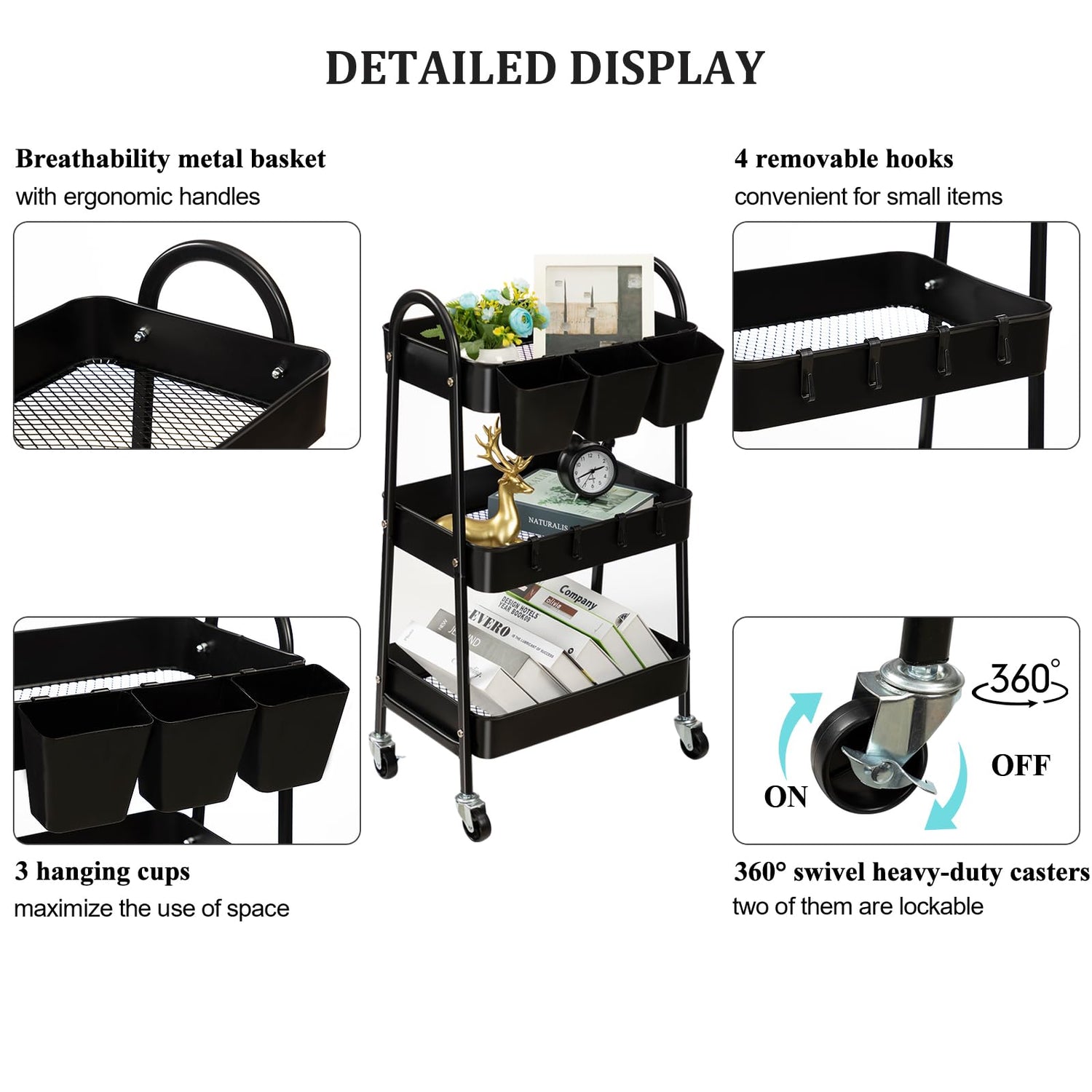 danpinera 3-Tier Rolling Cart, Metal Rolling Storage Cart with Lockable Wheels & Hanging Cups & Hooks, Mobile Trolley Cart for Kitchen, Bathroom, danpinera