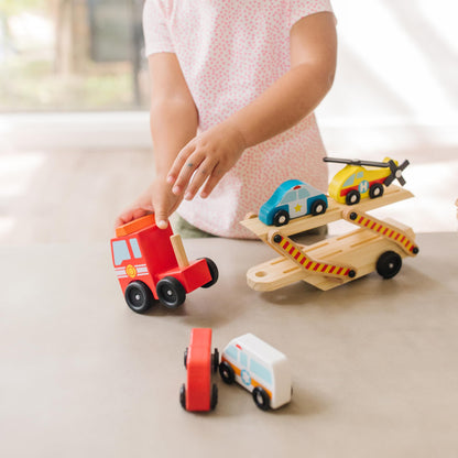 Melissa & Doug Wooden Emergency Vehicle Carrier Truck With 1 Truck and 4 Rescue Vehicles - WoodArtSupply