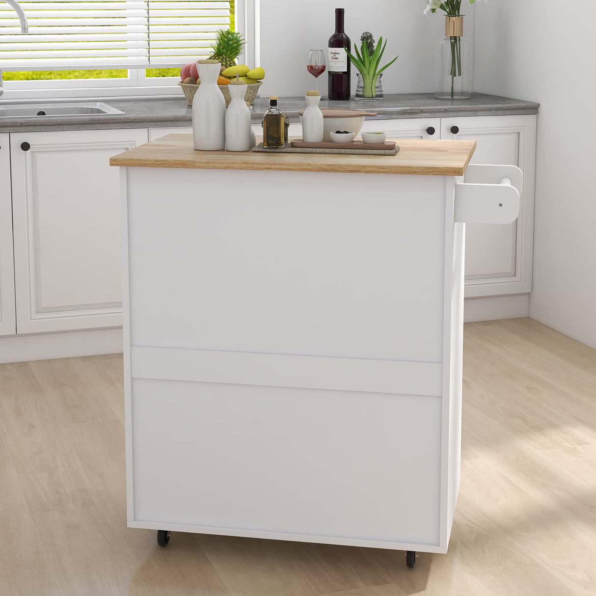 RASOO Kitchen Island on Wheels White Rolling Trolley Cart Island Cart Storage Cabinet with Rubber Solid Wood Countertop One Drawer and 2 Doors Towel RASOO