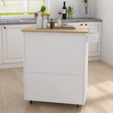 RASOO Kitchen Island on Wheels White Rolling Trolley Cart Island Cart Storage Cabinet with Rubber Solid Wood Countertop One Drawer and 2 Doors Towel RASOO