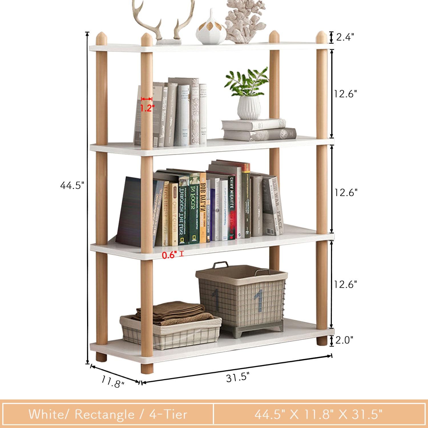 IOTXY Modern White 4-Tier Wooden Bookshelf – Stylish Open Storage Rack for Home and Office IOTXY