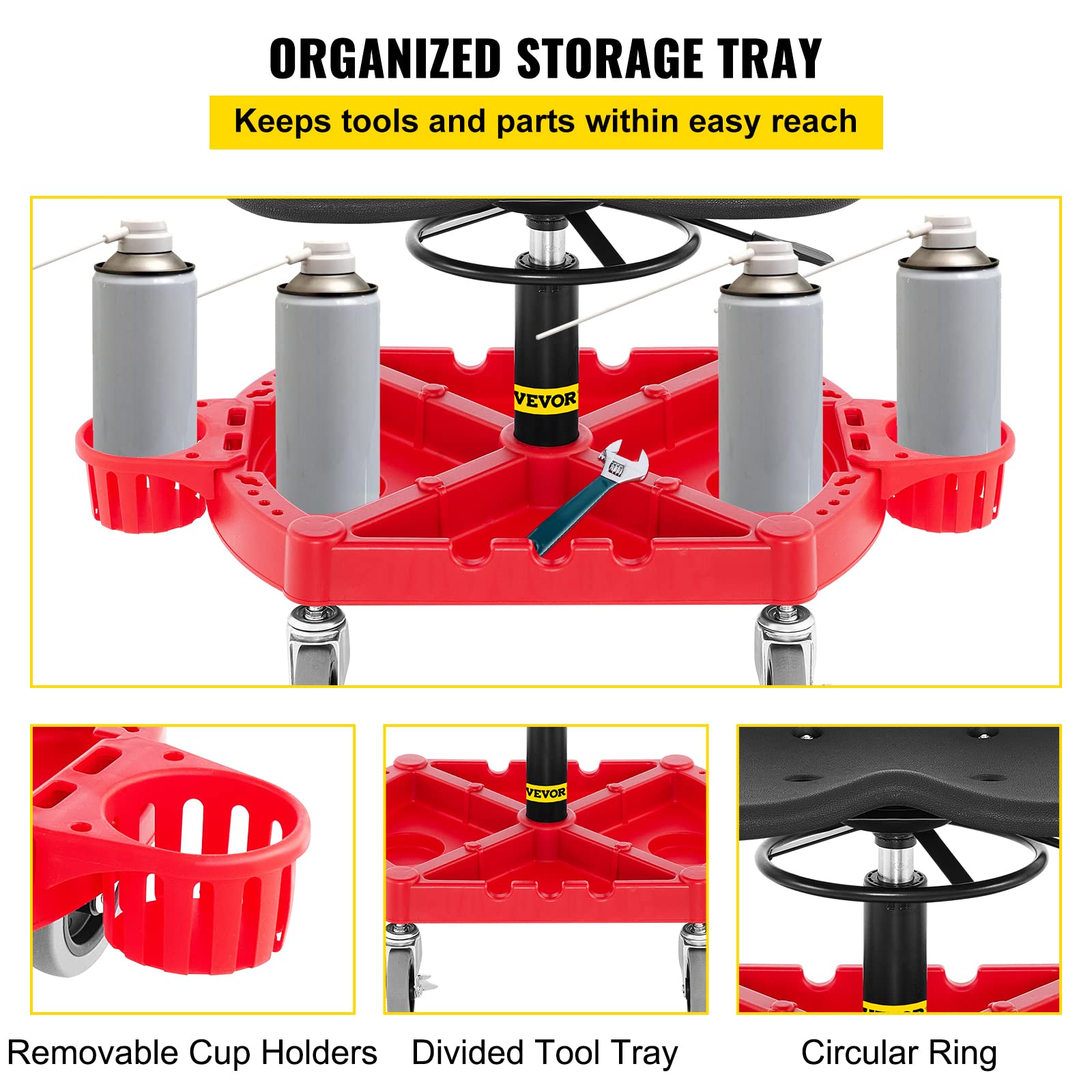 VEVOR Rolling Garage Stool, 300LBS Capacity, Adjustable Height from 18 in to 23 in, 360-degree Swivel Wheels (4"), Large Tool Tray with Two Bottle - WoodArtSupply