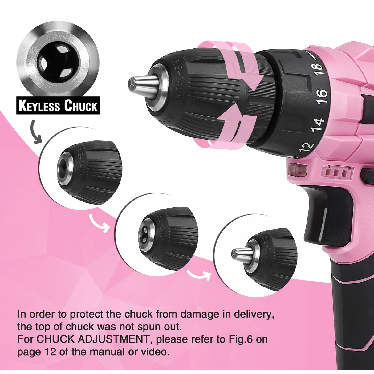 WORKPRO Pink Cordless Drill Driver Set, 12V Electric Screwdriver Driver Tool Kit, 3/8" Keyless Chuck, Charger and Storage Bag Included - Pink Ribbon WORKPRO