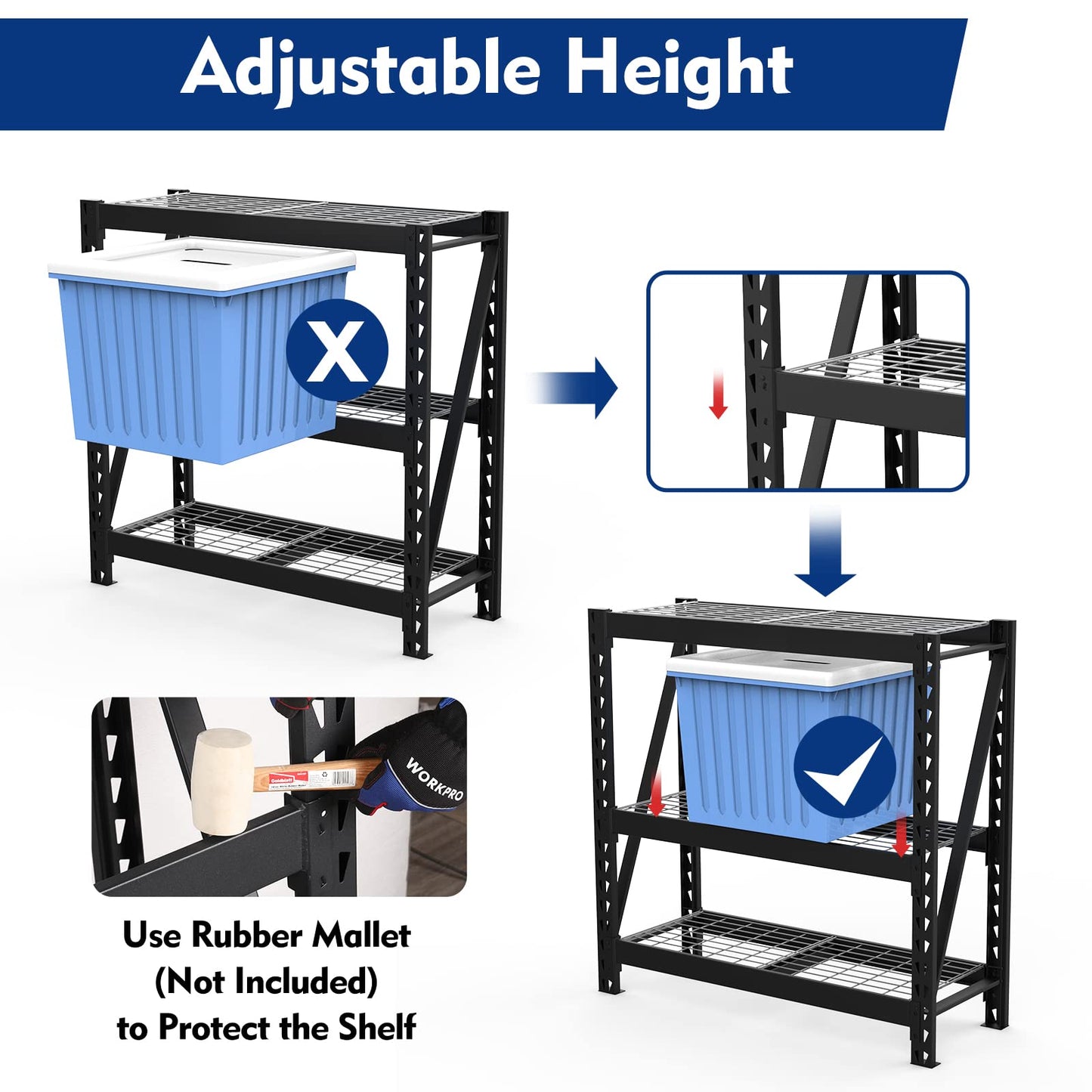 WORKPRO 3-Tier Garage Shelving Unit, Heavy Duty 5400 LBS Load Capacity, Metal Storage Rack, 50”W x 18”D x 47”H Height Adjustable, Industrial Shelving - WoodArtSupply