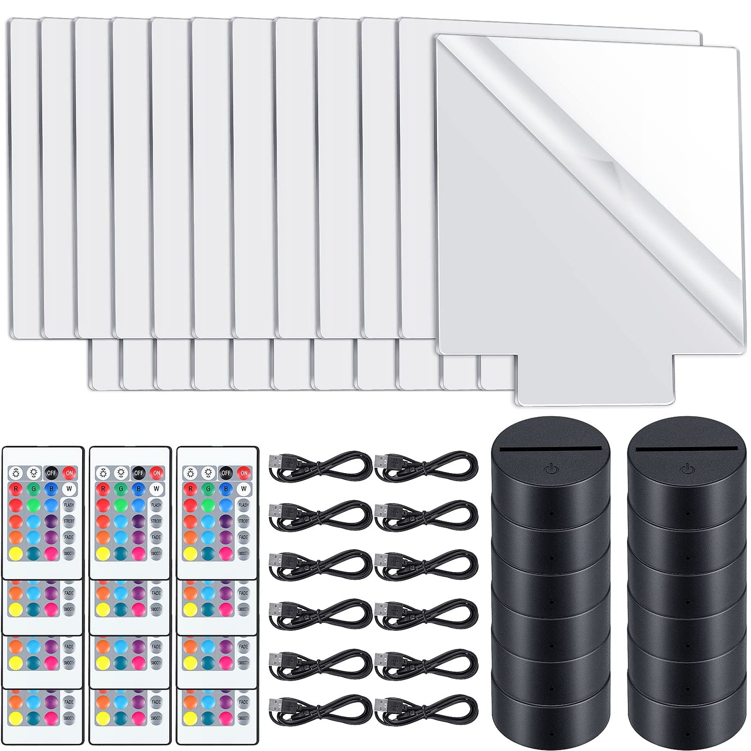 Riakrum 12 Pieces LED Light Base with Clear Acrylic Sheet 3D Night LED Lamp Display Base 16 Colors and 4 Modes Remote Control USB Cable for DIY Craft Riakrum