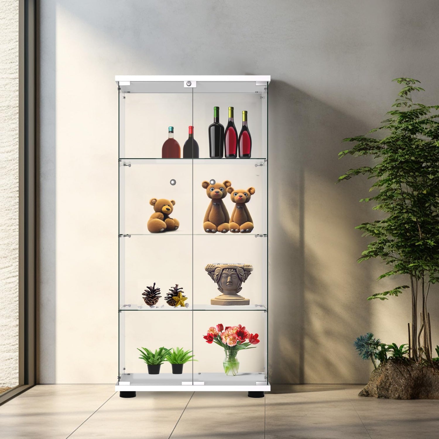 FANYUSHOW Elegant Glass Display Cabinet with Lock - Quick-Install 4-Shelf Curio Unit in White FANYUSHOW