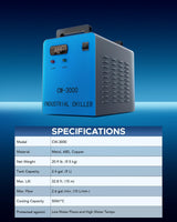 OMTECH 9L Industrial Water Chiller 2.6gpm CW-3000 Water Cooler for 40W K40 CO2 Laser Engraving & Cutting Machines, Water Cooling System Radiates 50W OMTech