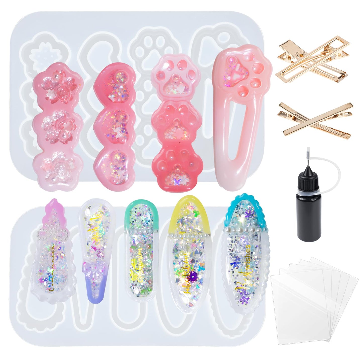 Hair Clips Resin Shaker Molds Set Barrette Pack of 12 Epoxy Silicone Trays Precision Tip Applicator Bottle Kit Bundle
