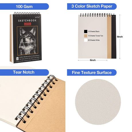 Prina 50 Pack Drawing Set Sketch Kit, Pro Art Sketching Supplies with 3-Color Sketchbook, Graphite, and Charcoal Pencils for Artists Adults Teens PRINA