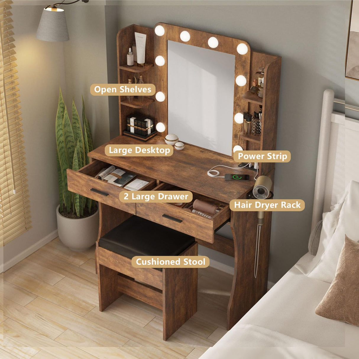 Vanity Desk with Lights,Makeup Vanity with Power Strip,Dressing Table Set with 2 Large Drawers,Vanity Mirror 3 Lighting Color Adjustable,Rustic Brown Vabches