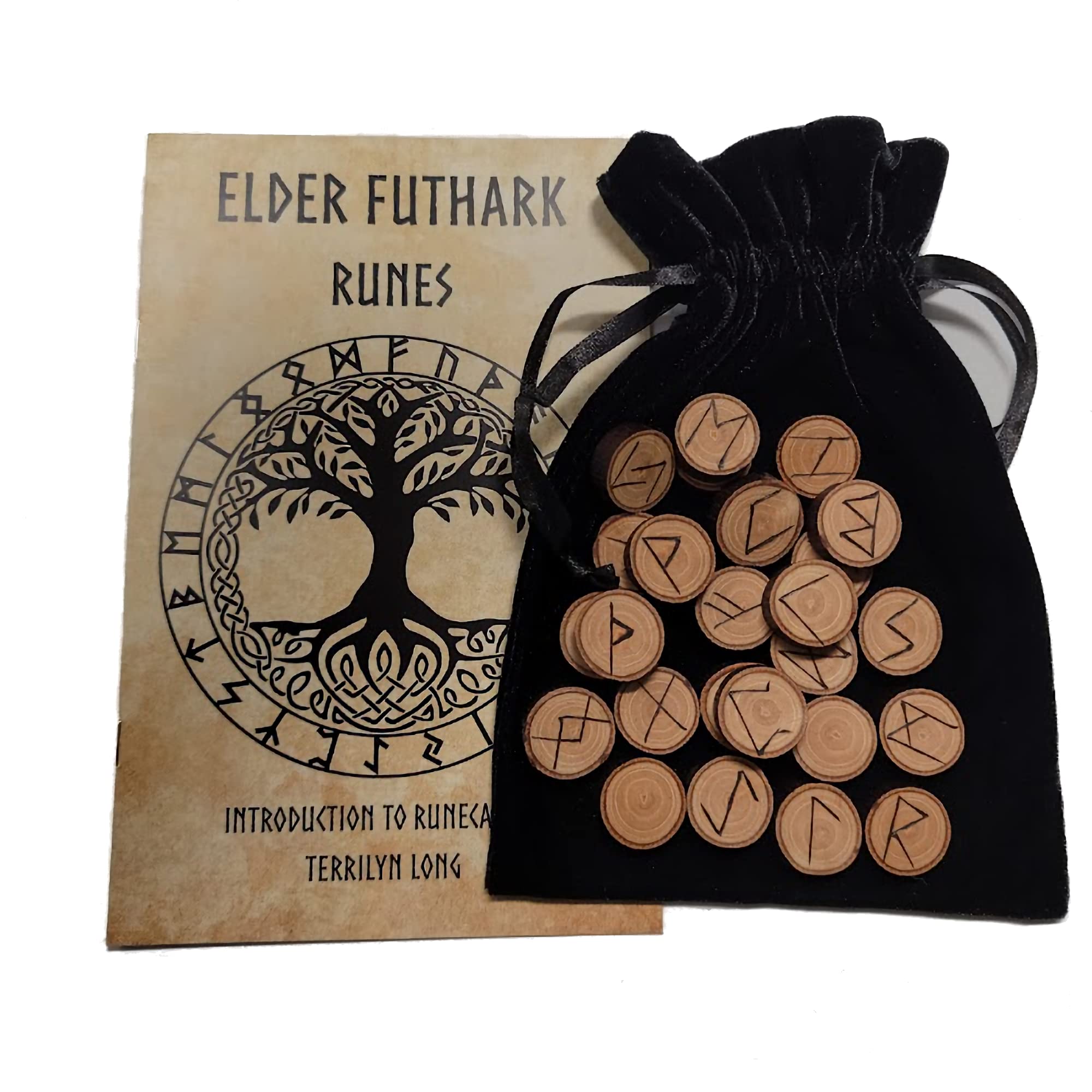 Round Runes Wooden Runes Set Hickory Round with Booklet Carved Elder Furthark ...