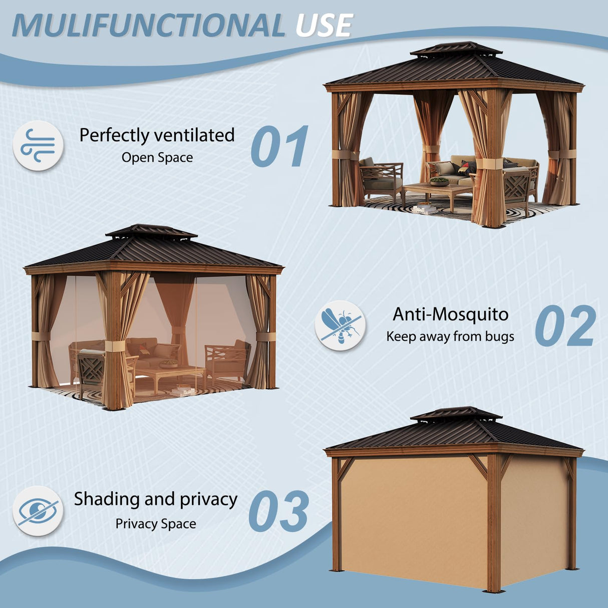 Aoxun 10' x 12' Gazebo, Wooden Finish Coated Aluminum Frame Canopy with Dual-Layer Galvanized Steel Hardtop Top, Outdoor Metal Pavilion with Privacy Aoxun