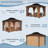 Aoxun 10' x 12' Gazebo, Wooden Finish Coated Aluminum Frame Canopy with Dual-Layer Galvanized Steel Hardtop Top, Outdoor Metal Pavilion with Privacy Aoxun