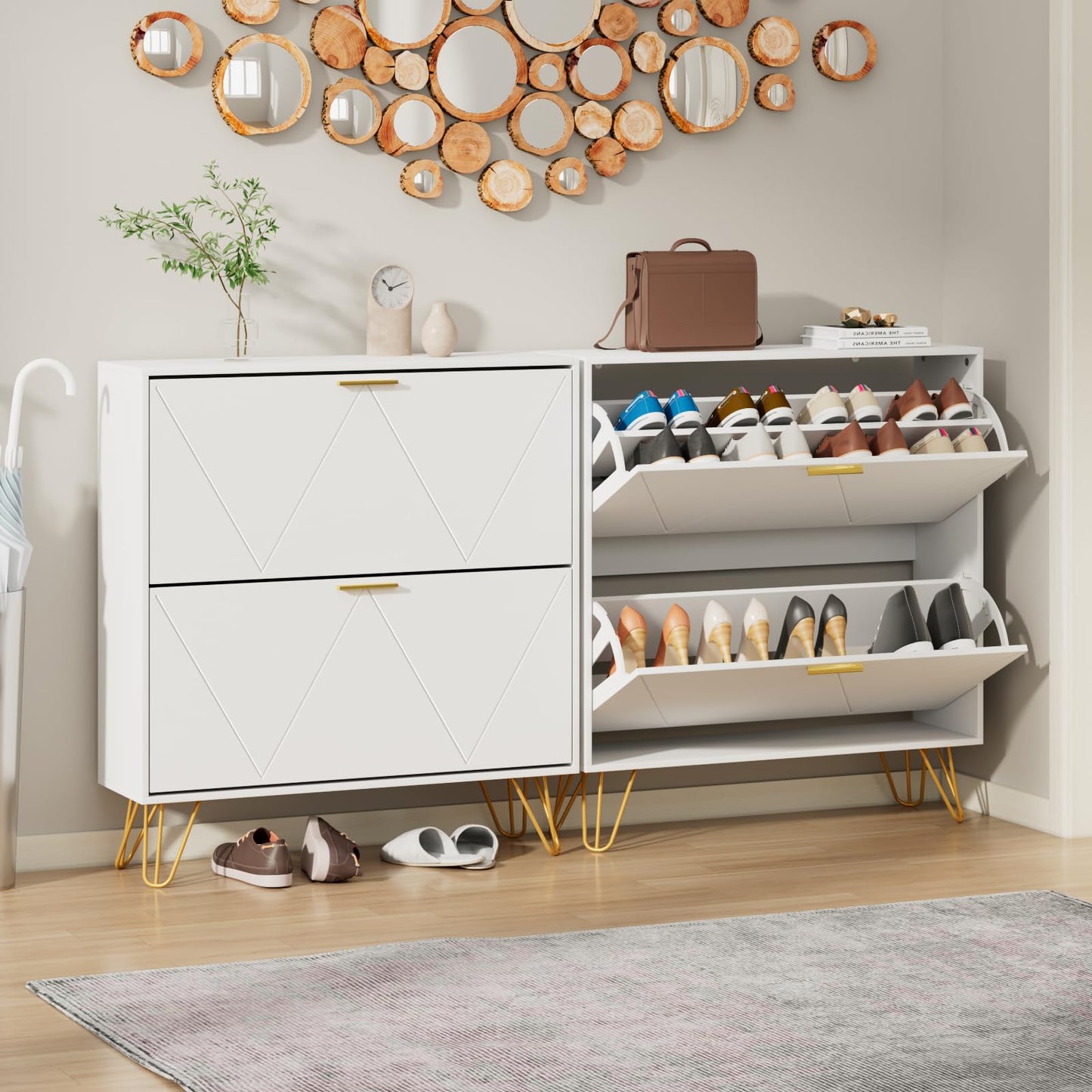 CARPETNAL Shoe Cabinet for Entryway Slim, White Shoe Storage Cabinet with 2 Flip Drawers, Narrow Shoe Rack Cabinet, Freestanding Shoe Cabinet