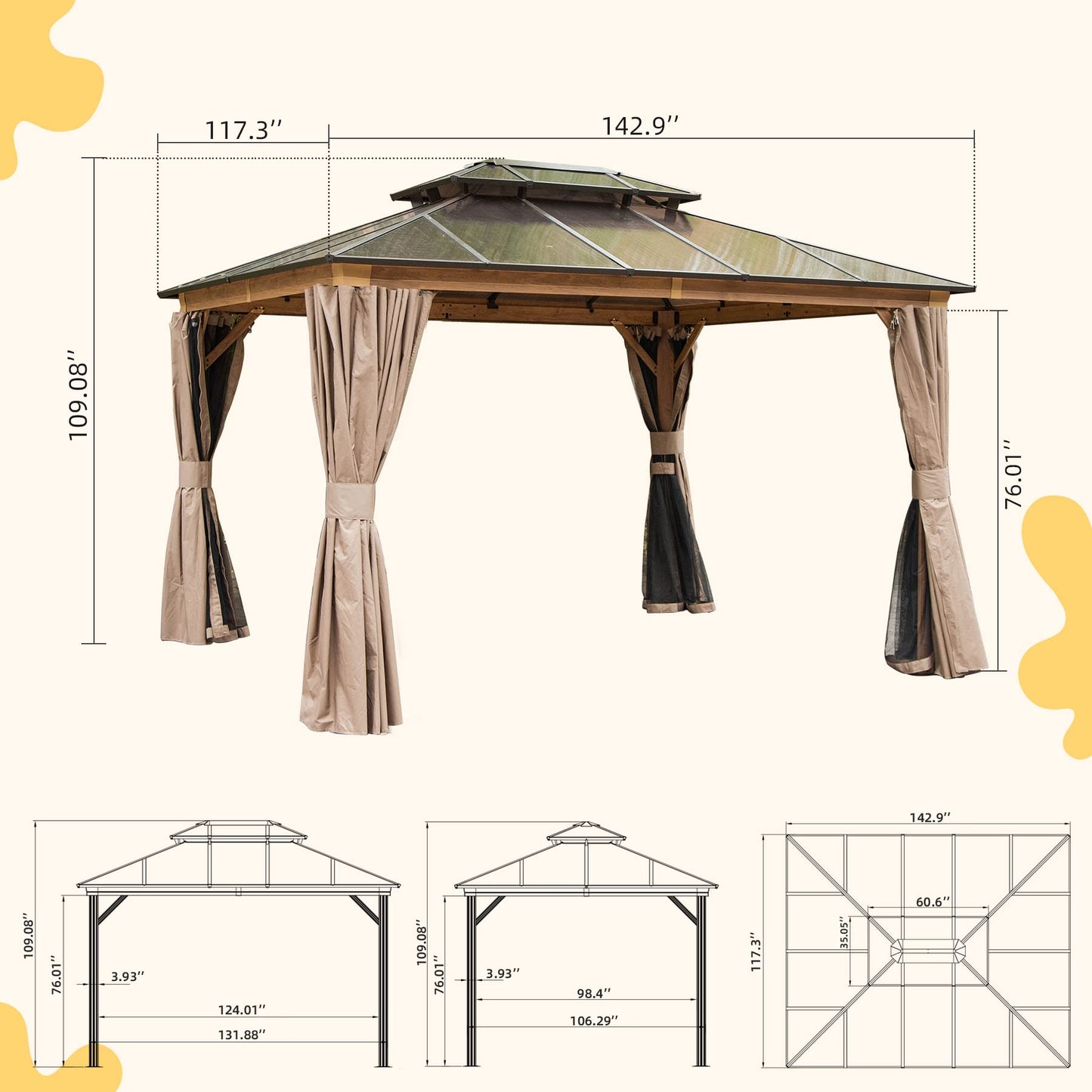 Domi 10' X 12' Hardtop Gazebo, Permanent Outdoor Gazebo with Polycarbonate Double Roof, Aluminum Gazebo Pavilion with Curtain and Net for Garden,