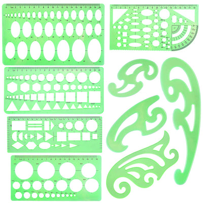 SIQUK 9 Pieces Drawings Templates French Curve Geometric Templates Measuring Rulers Clear Green Plastic Rulers for Engineering, Studying and