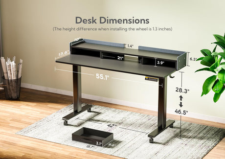 Claiks Standing Desk with Drawers, Stand Up Electric Standing Desk Adjustable Height, Sit Stand Desk with Storage Shelf and Splice Board, 55 Inch, Claiks