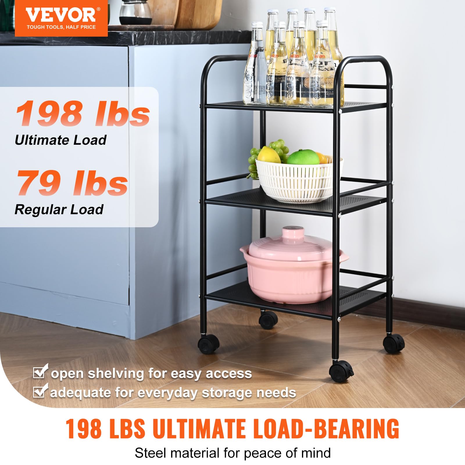 VEVOR 3-Tier Metal Rolling Cart, Heavy Duty Utility Cart with Lockable Wheels, Multi-Functional Storage Trolley with Handle for Office, Living Room, - WoodArtSupply