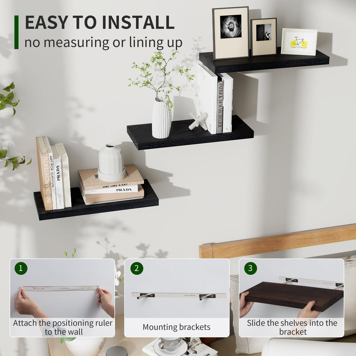 Marsmiles Black Floating Shelves, 17 Inch Wall Shelf Set of 3, Rustic Wood Shelves for Wall Storage, Wall Mounted Wooden Display Shelf for Bathroom Marsmiles