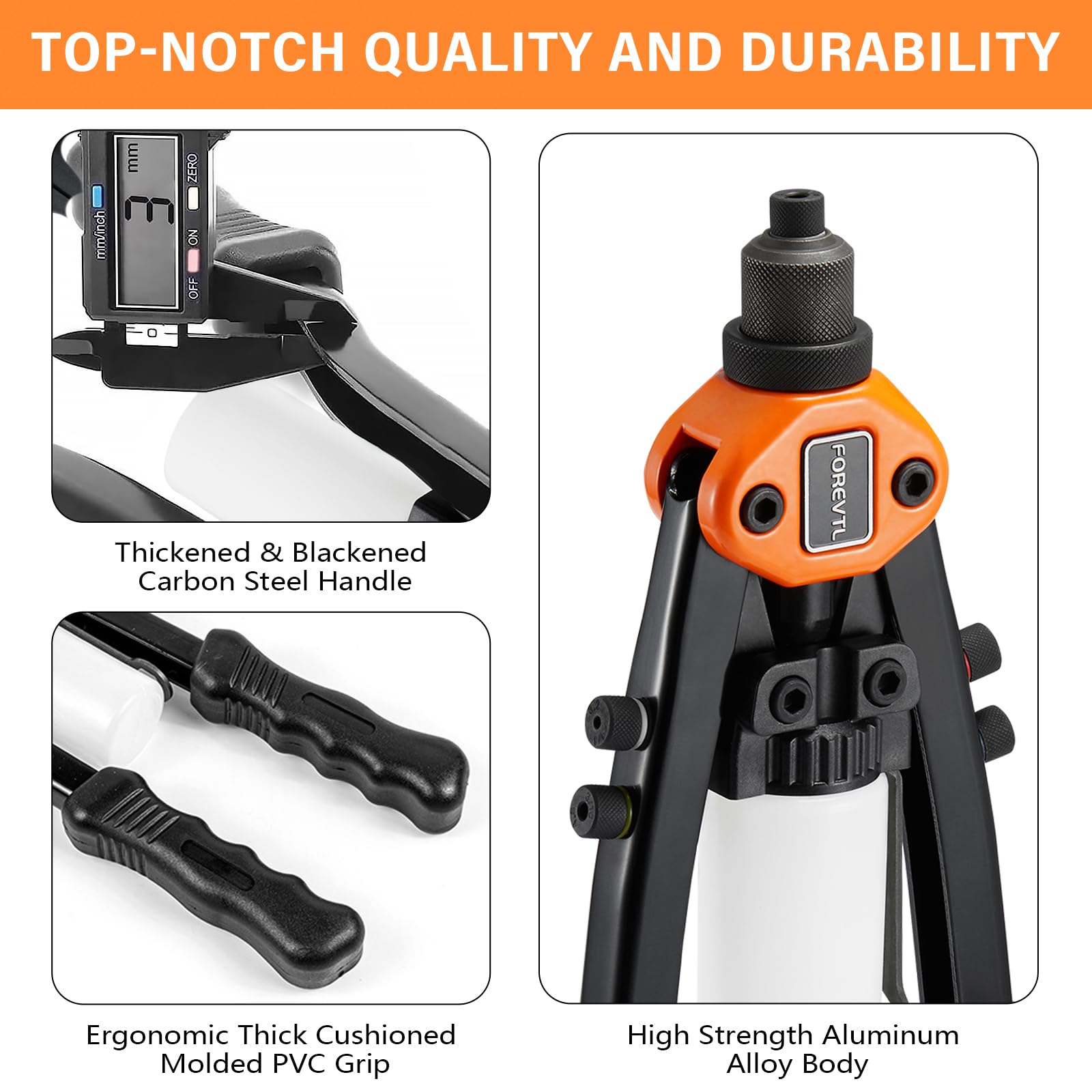 FOREVTL Rivet Gun - Pop Rivet Gun Kit with 210 Rivets (3/32", 1/8", 5/32", 3/16", 1/4'') and 5 Nosepieces, Full Metal 13" Large Heavy Duty Manual - WoodArtSupply