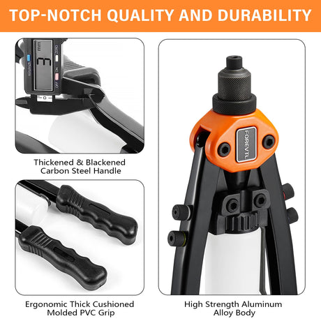 FOREVTL Rivet Gun - Pop Rivet Gun Kit with 210 Rivets (3/32", 1/8", 5/32", 3/16", 1/4'') and 5 Nosepieces, Full Metal 13" Large Heavy Duty Manual FOREVTL