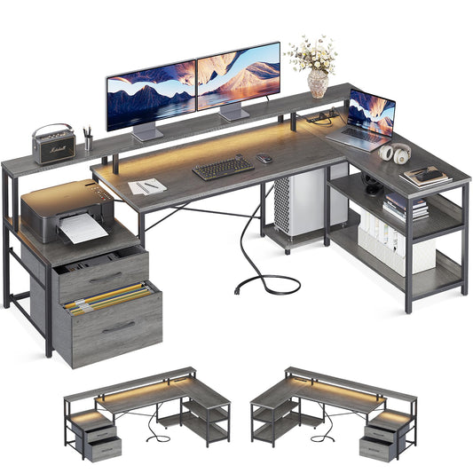 ODK 75" Reversible L Shaped Desk with LED Lighting, Power Outlet & Ample Storage - WoodArtSupply