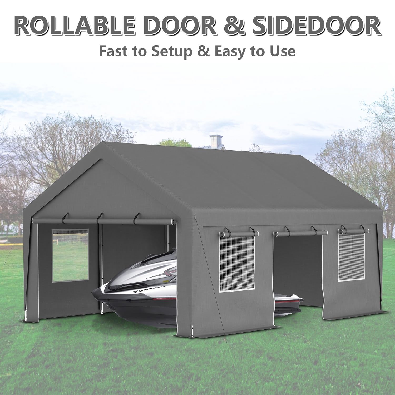 DetalleGo Carport, 13x20 ft Heavy Duty Carport Canopy with Removable Sidewalls and Doors, Portable Garage with Roll-up Ventilated Windows Storage DetalleGo