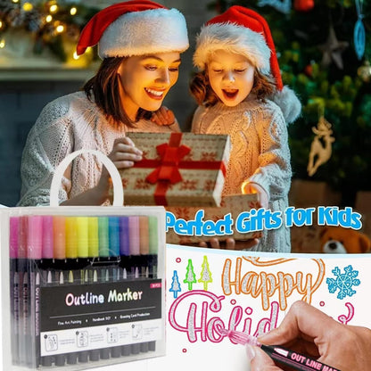 Double Line Outline Markers 24 Colors Super Squiggles Glitter Markers Self Outline Metallic Markers, Doodle Shimmer Markers Drawing Pens for