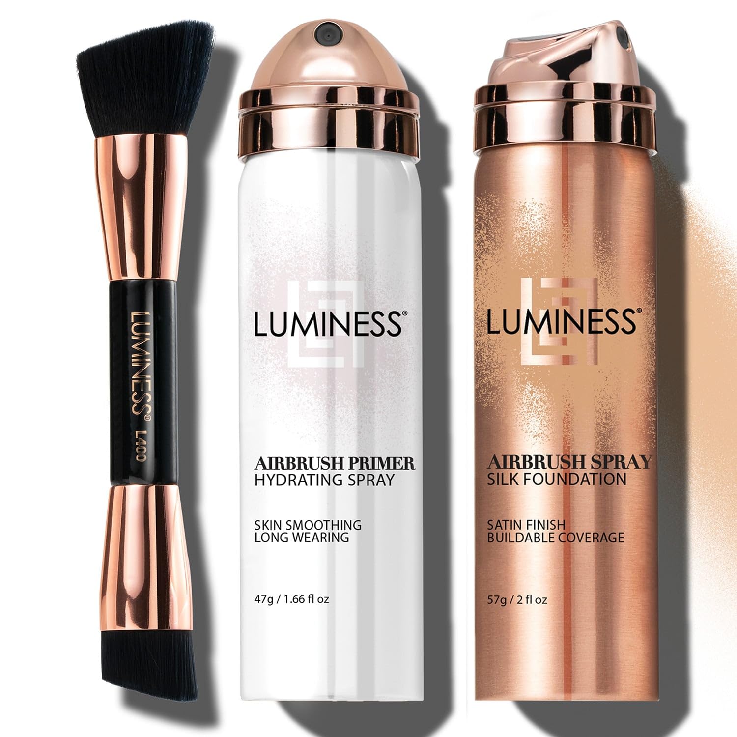 LUMINESS Silk Airbrush Spray Foundation Makeup Starter Kit - Full Coverage Foundation, Primer & Dual-Sided Buffing Brush - Buildable, Anti-Aging LUMINESS