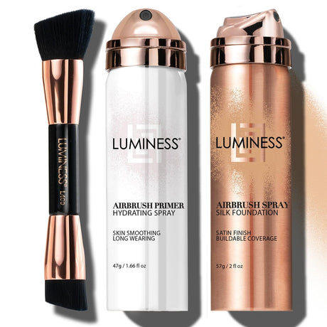 LUMINESS Silk Airbrush Spray Foundation Makeup Starter Kit - Full Coverage Foundation, Primer & Dual-Sided Buffing Brush - Buildable, Anti-Aging LUMINESS