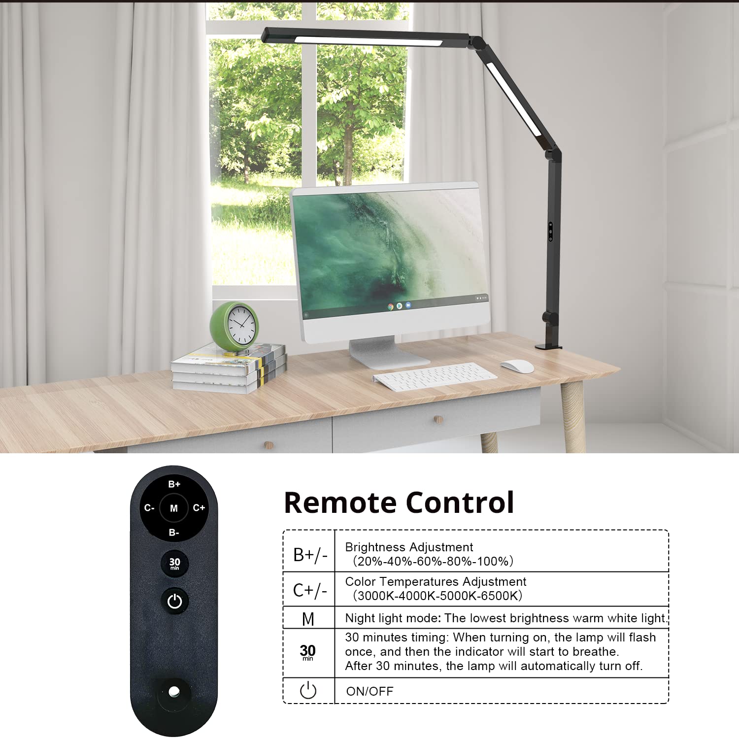 LED Desk Lamp with Clamp, Architect Desk Lamp for Home Office with Remote Control, Swing Arm Clamp on Desk Light, Clip-on Eye-Care Adjustable 5 Micomlan