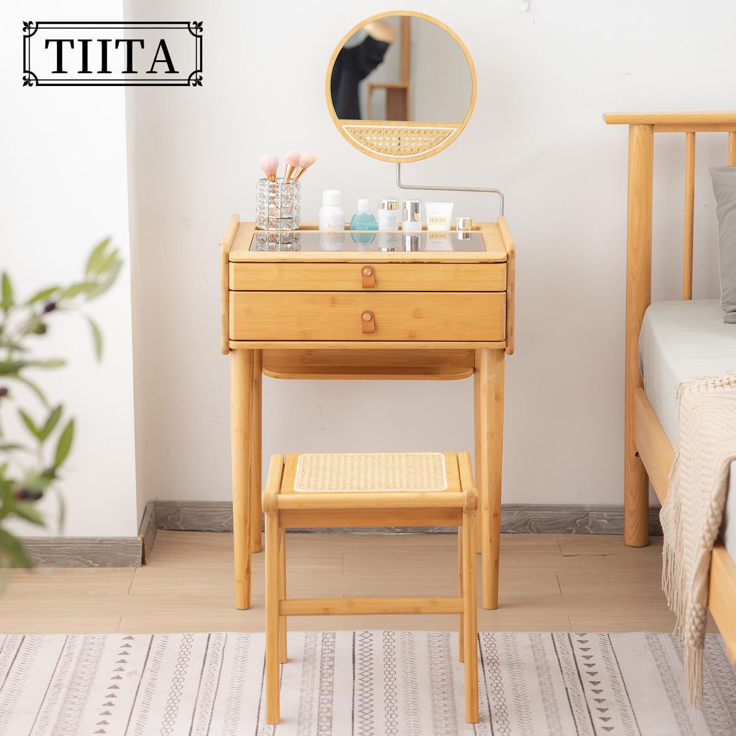 Tiita Vanity Desk, Makeup Vanity Table with Mirror, Dressing Table with 2 Drawers,Modern Wood Bedroom Vanity Vintage Dressing Table for Women Girls - WoodArtSupply