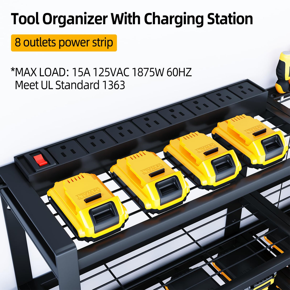 SOYEEZE Power Tool Organizer with Charging Station- Garage 8 Drill Holder Built in 8 Outlet Power Strip (DRILLDOCK PRO) SOYEEZE