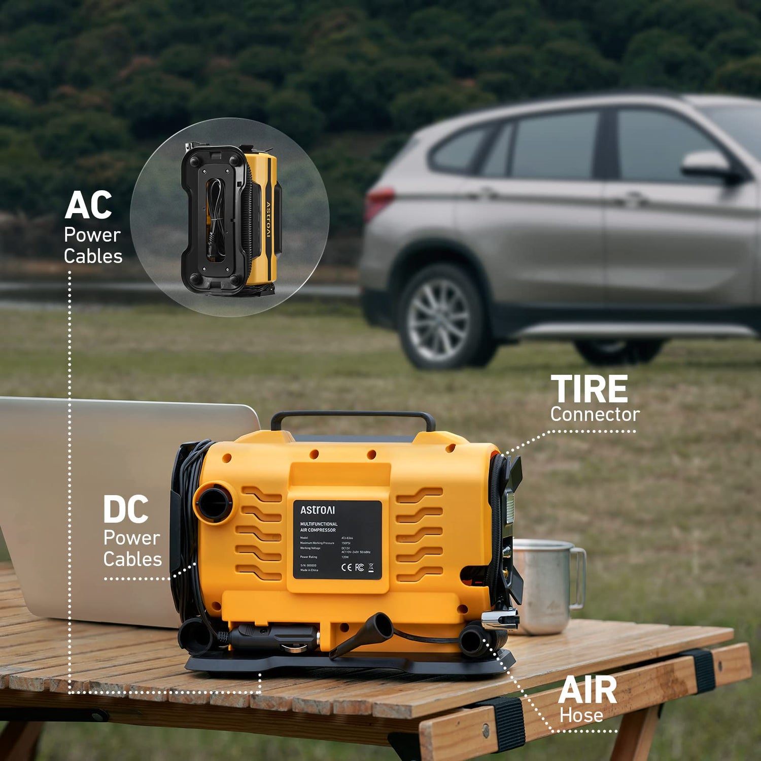 AstroAI Tire Inflator Portable Air Compressor Pump 150PSI 12V DC/110V AC with Dual Metal Motors &LED Light，Automotive Car Accessories&Two mode for AstroAI