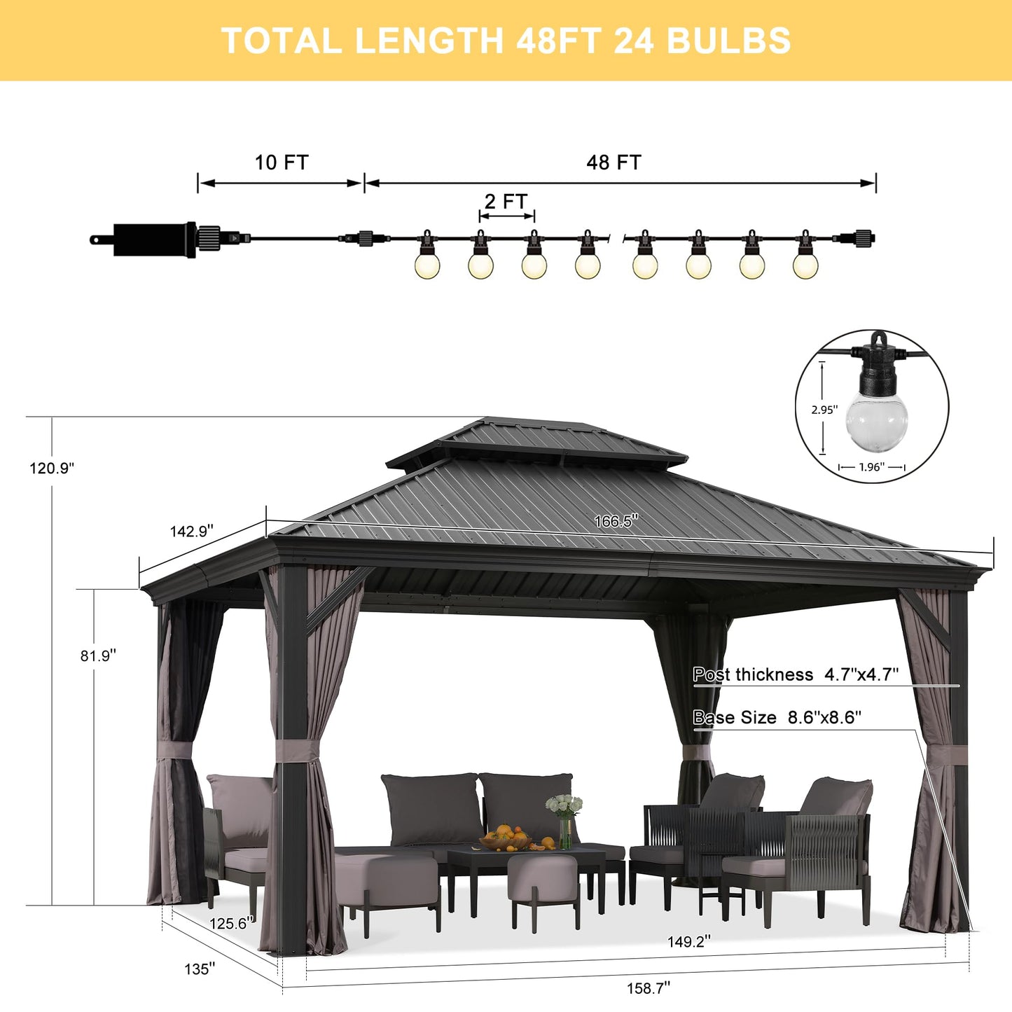 PURPLE LEAF 12' X 14' Patio Gazebo with Light Permanent Hardtop Gazebo with Metal Roof for Outdoor Lawn and Garden Grey - WoodArtSupply